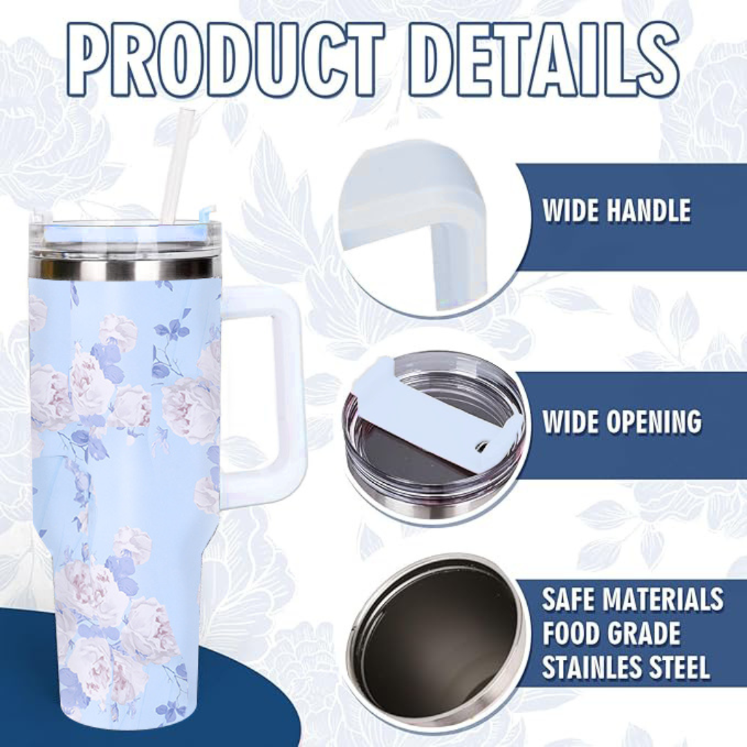 40 OZ (1200 ML) Stainless Steel Tumbler with Handle & Straw | Hot & Cold Drinkware