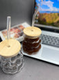 Aesthetic Ribbed Glass Tumbler with Straw & Bamboo Lid – Iced Coffee, Latte, Juice & Tea Sipper