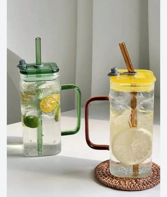 Square Glass Mug with Lid & Straw – Microwave Safe Coffee & Milk Cup