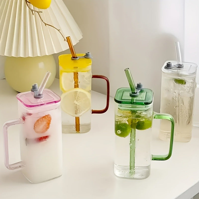 Square Glass Mug with Lid & Straw – Microwave Safe Coffee & Milk Cup