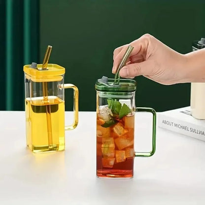 Square Glass Mug with Lid & Straw – Microwave Safe Coffee & Milk Cup