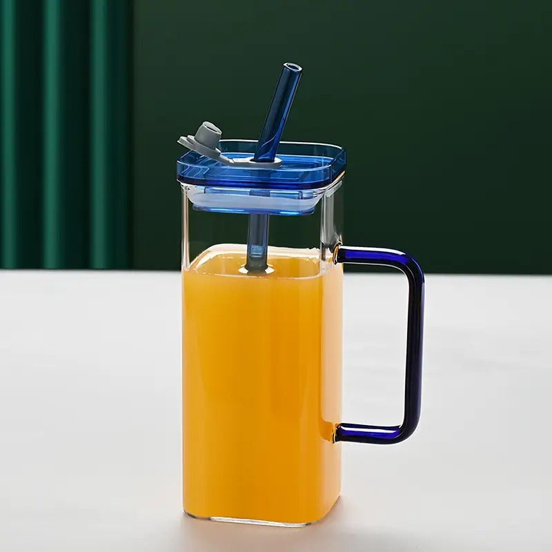 Square Glass Mug with Lid & Straw – Microwave Safe Coffee & Milk Cup