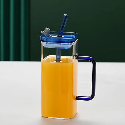 Square Glass Mug with Lid & Straw – Microwave Safe Coffee & Milk Cup