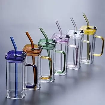 Square Glass Mug with Lid & Straw – Microwave Safe Coffee & Milk Cup