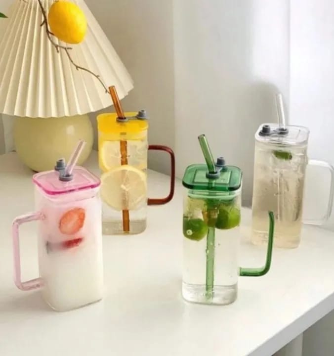 Square Glass Mug with Lid & Straw – Microwave Safe Coffee & Milk Cup