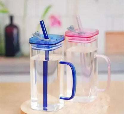 Square Glass Mug with Lid & Straw – Microwave Safe Coffee & Milk Cup