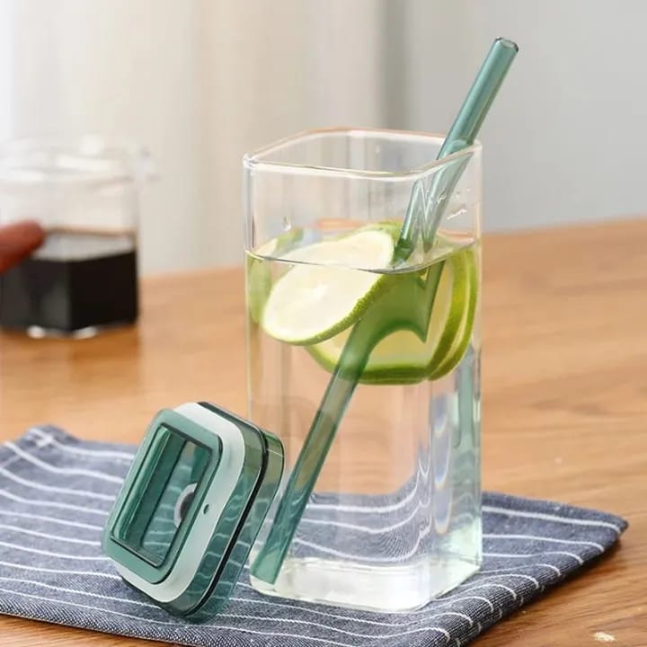 Square Glass Mug with Lid & Straw – Microwave Safe Coffee & Milk Cup